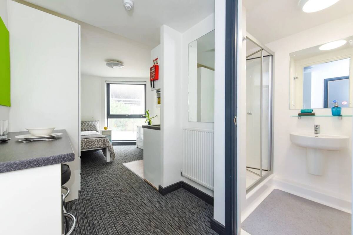 A hotel room with a bed, a small sitting area, a kitchenette, a bathroom with a sink and mirror, and a glass shower.