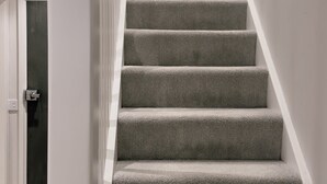 Un escalier dont les marches sont recouvertes de moquette, menant à une porte sombre.