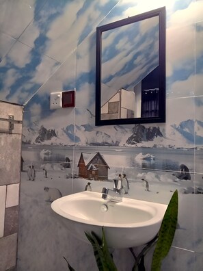 Een douche, een haardroger, een bidet, handdoeken