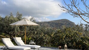 A pool area with lounge chairs and an umbrella, surrounded by trees and hills. - Pervola Private Stone Estate | 5 acres Exclusive Grove and Pool (gazion)
