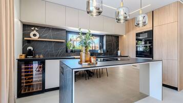 Großer Kühlschrank, Mikrowelle, Ofen, Herdplatte