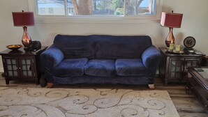 Ein Wohnzimmer mit einem dunkelblauen Sofa, zwei Beistelltischen mit Lampen, einem gemusterten Teppich und einem Fenster mit Blick auf Bäume und Häuser.