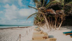 A beach with lounge chairs and a rope barrier.