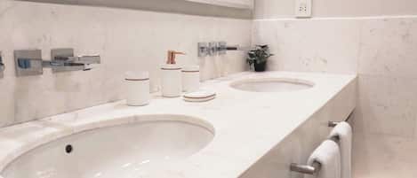 Hair dryer, towels, soap, toilet paper