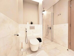 Hair dryer, towels, soap, toilet paper