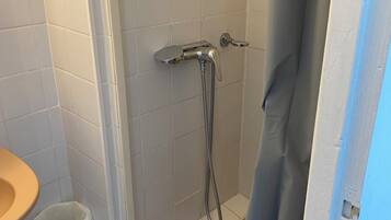 A shower area with a showerhead, a towel rack, and a toilet.