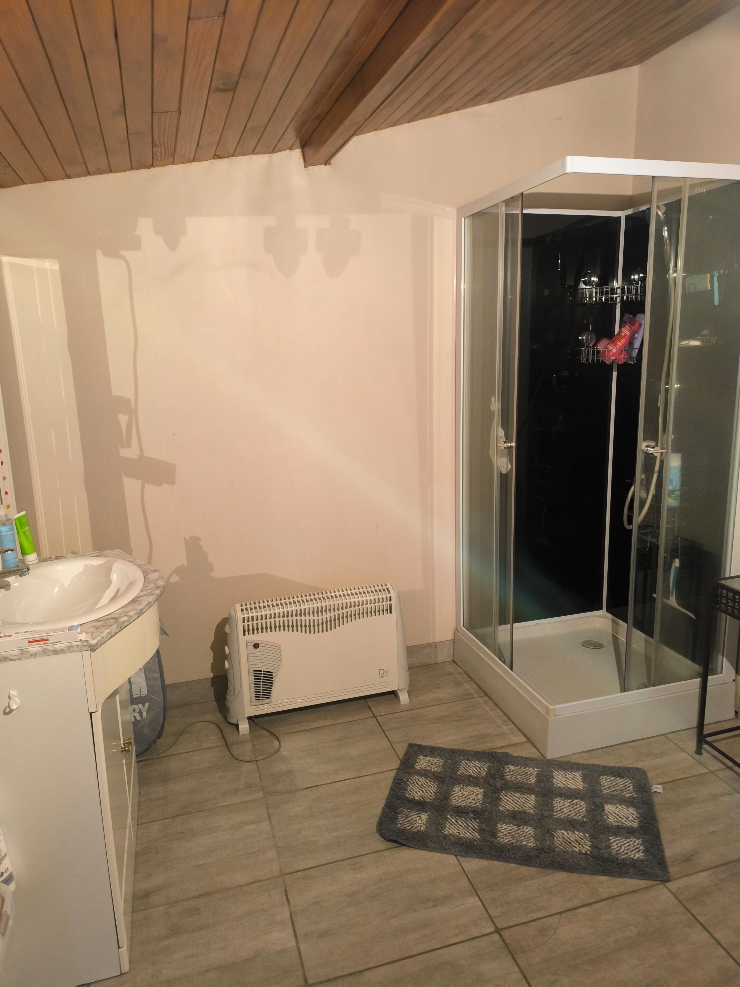 Ein Badezimmer mit Waschbecken, Heizung und einer Duschkabine.