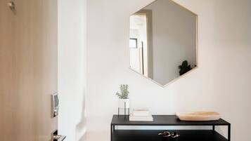 A modern interior with a black console table, a geometric mirror, and a potted plant.