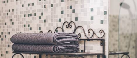 Hair dryer, towels, soap, toilet paper