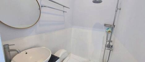 Ein kleines Badezimmer mit weißem Waschbecken, WC und Dusche.