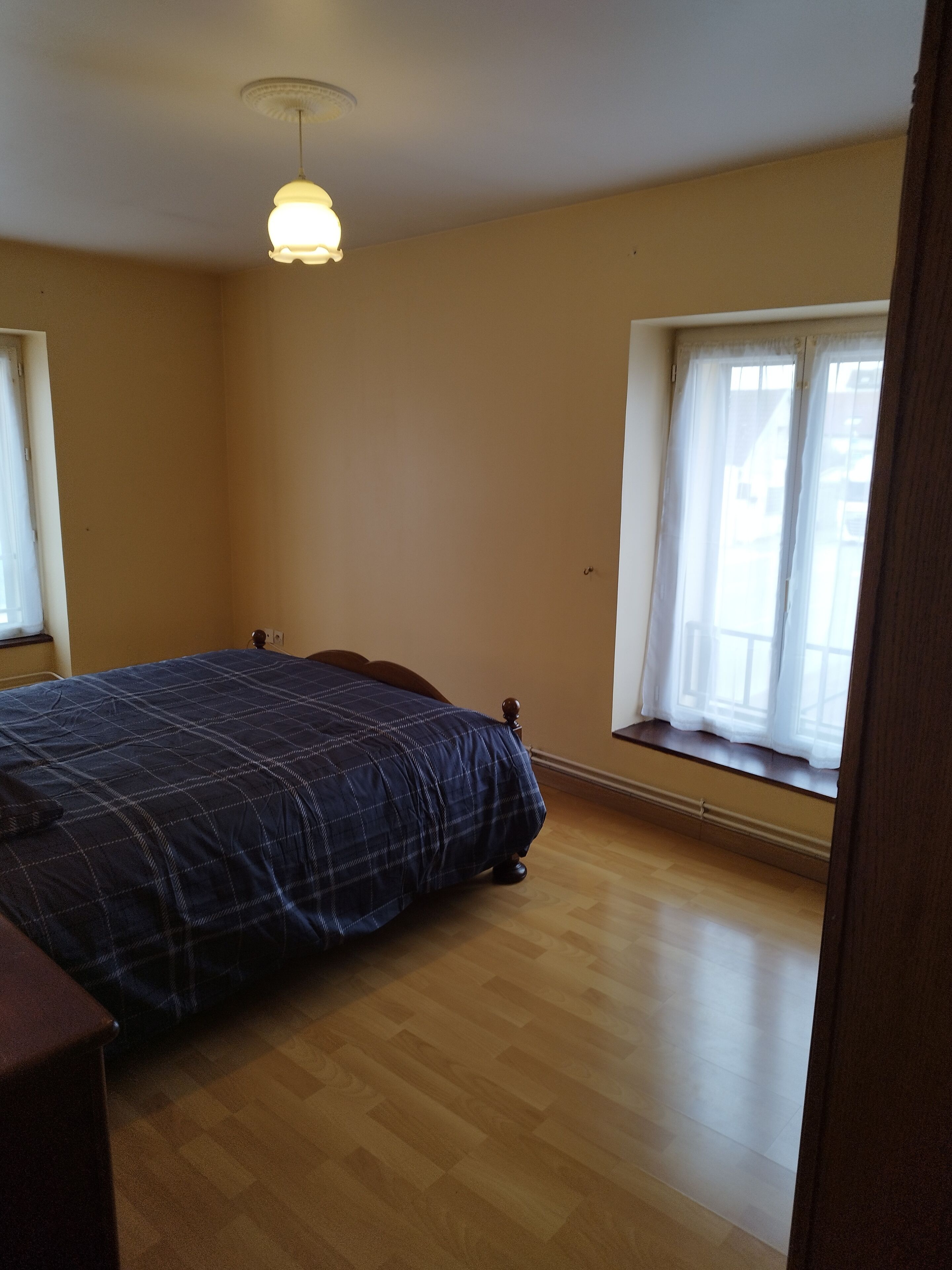 Una camera da letto con un letto, una finestra e una lampada a sospensione.