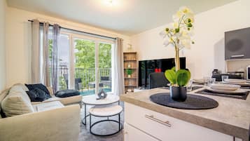 Smart TV, DVD player, video library, stereo