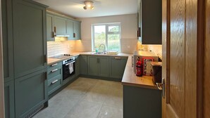 A kitchen with green cabinets, a window, a sink, and a fire extinguisher.