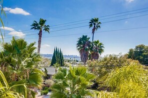 A garden with palm trees and cypress trees, a clear sky, and power lines. - Beryl Retreat (San Diego)