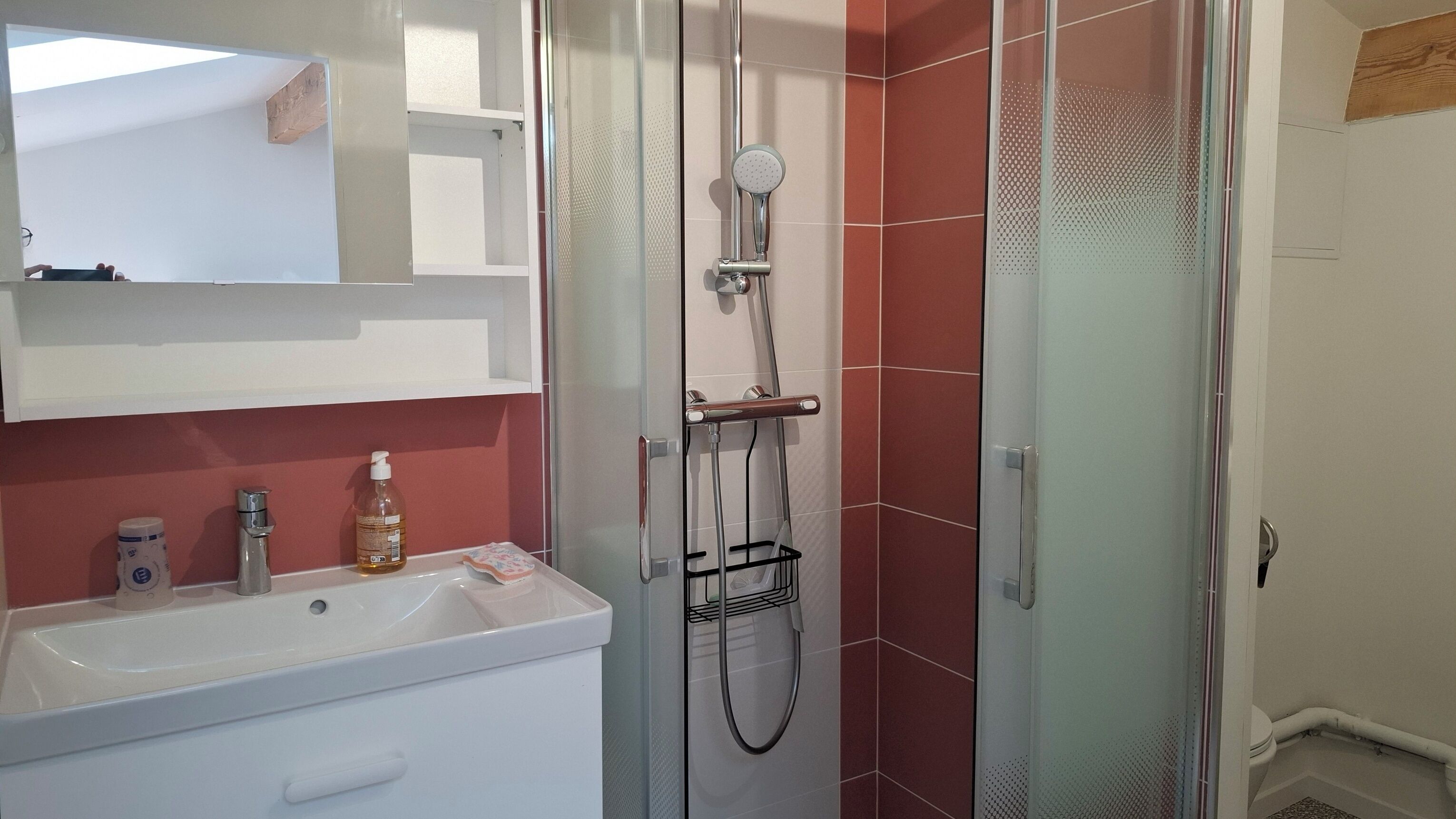 Un baño con un lavabo blanco, cabina de ducha con paredes de vidrio y pared con azulejos rojos.