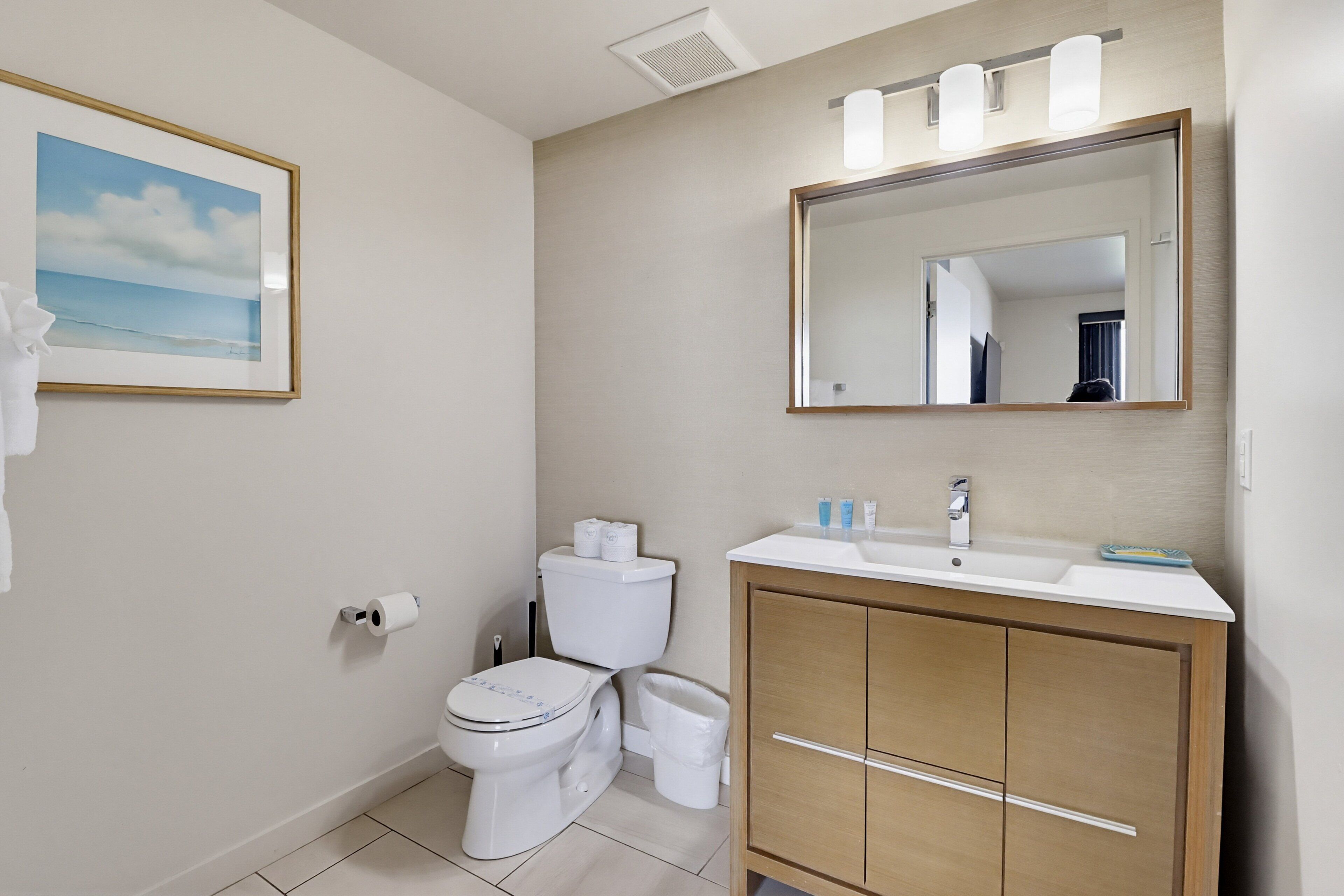 A bathroom with a toilet, sink, cabinet, mirror, and a framed picture on the wall.