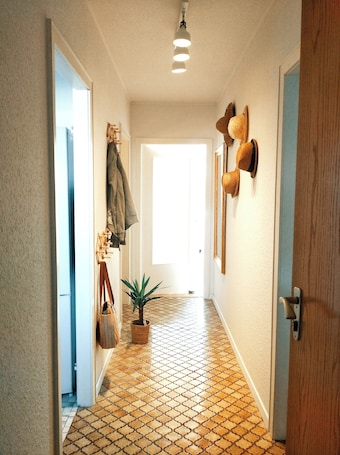 Interior. Bright vacation apartment near bathing lake with garden. Family and pet friendly!