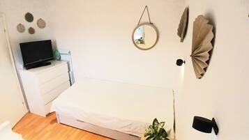 Un dormitorio con cama, cómoda, televisor encima, espejo y planta en maceta.