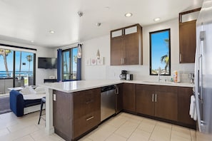 A modern kitchen with a dishwasher, a coffee maker, and a large window with a view of palm trees. - Ocean Park 06 (San Diego)