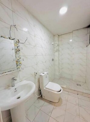 Bathroom features a sink, toilet, and glass shower enclosure.