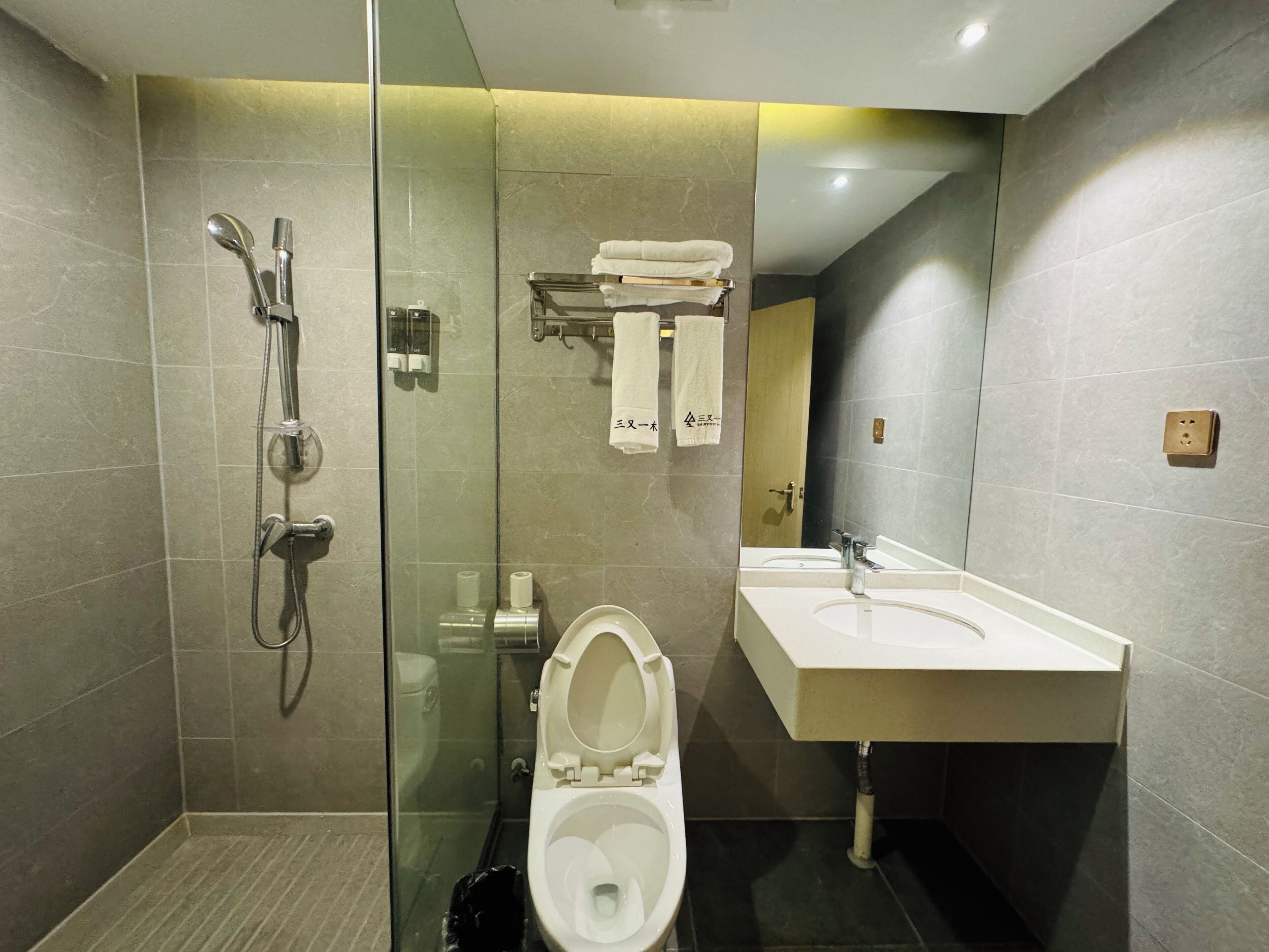 A modern bathroom with a glass-enclosed shower, a toilet, and a sink with a mirror above it.