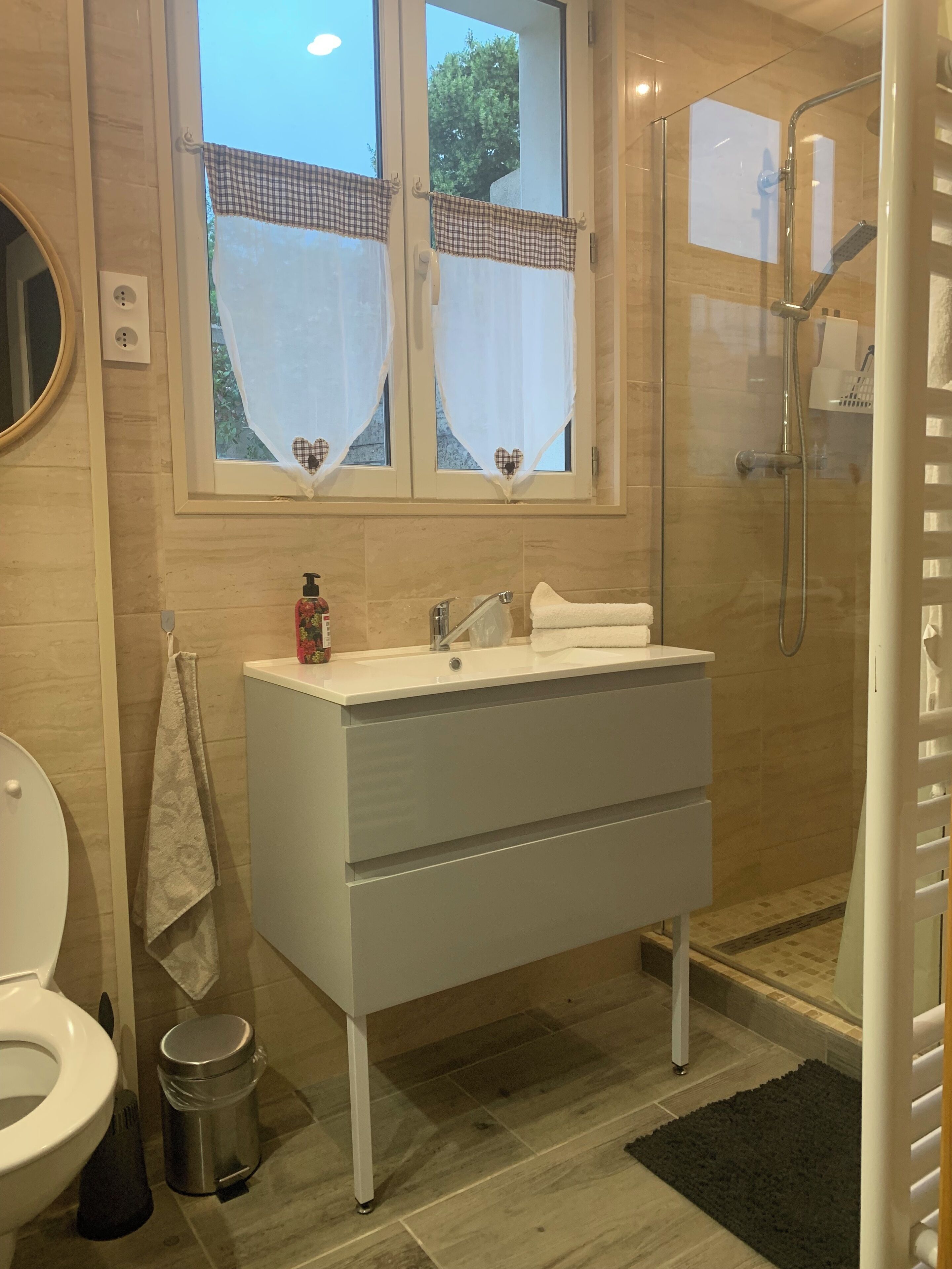 Hair dryer, towels, toilet paper