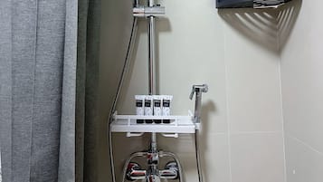 Hair dryer, towels, soap, toilet paper
