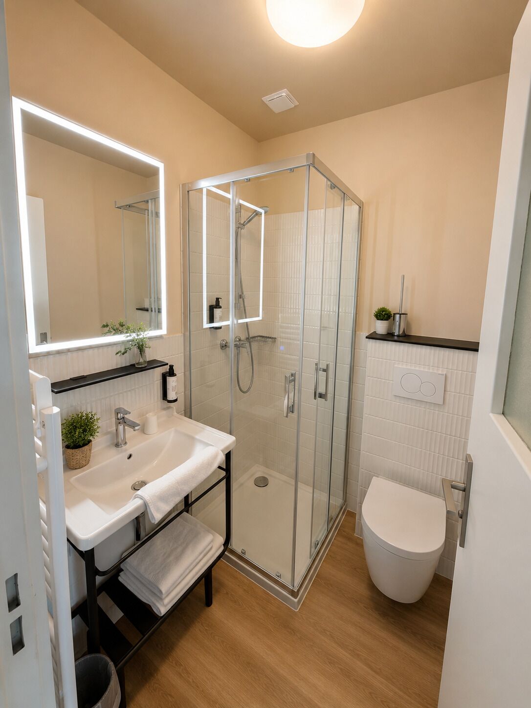 A modern bathroom with a glass-enclosed shower, a white sink with a mirror, and a toilet.