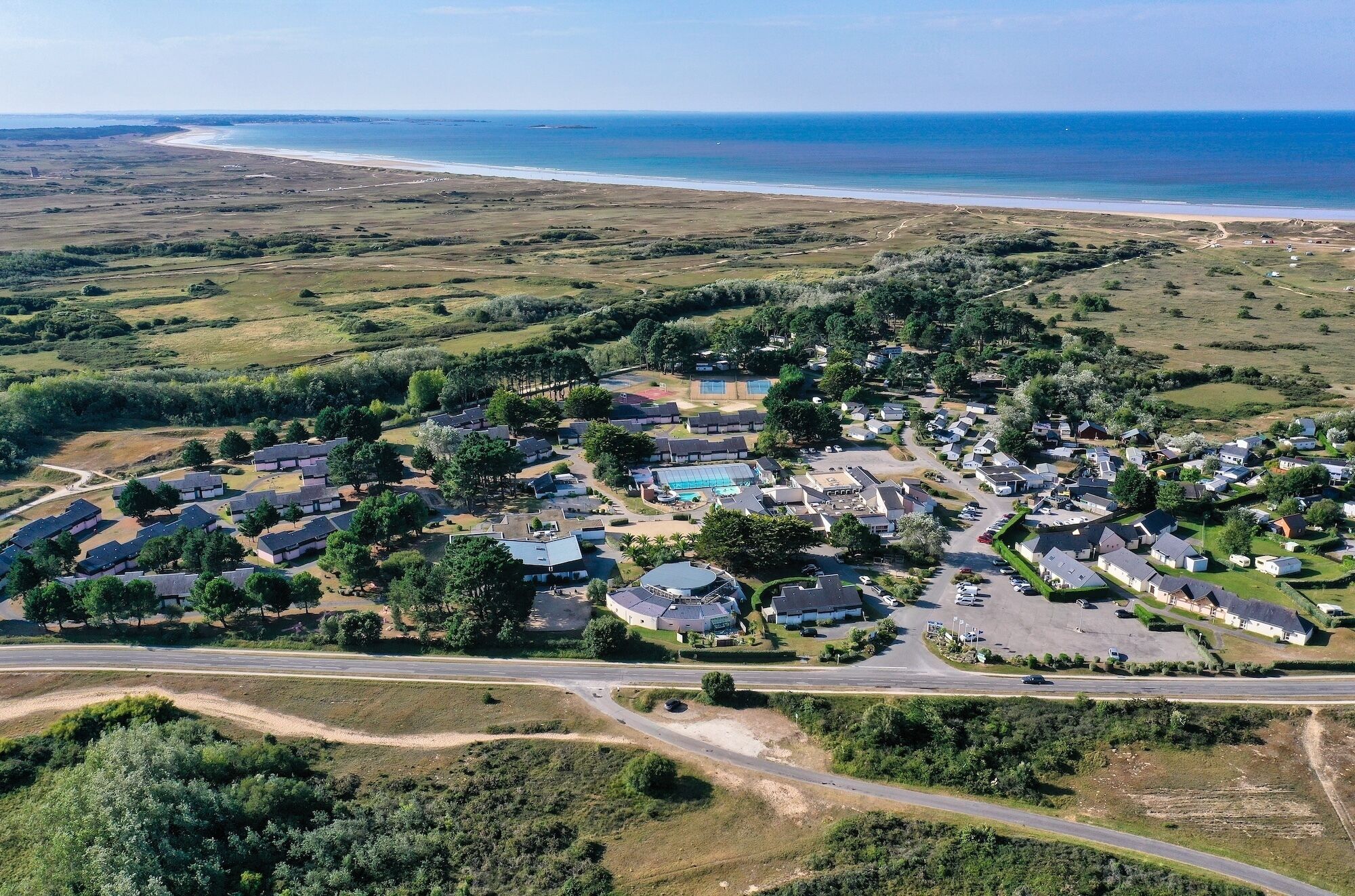 An aerial view of a residential area with houses, a swimming pool, and a road.