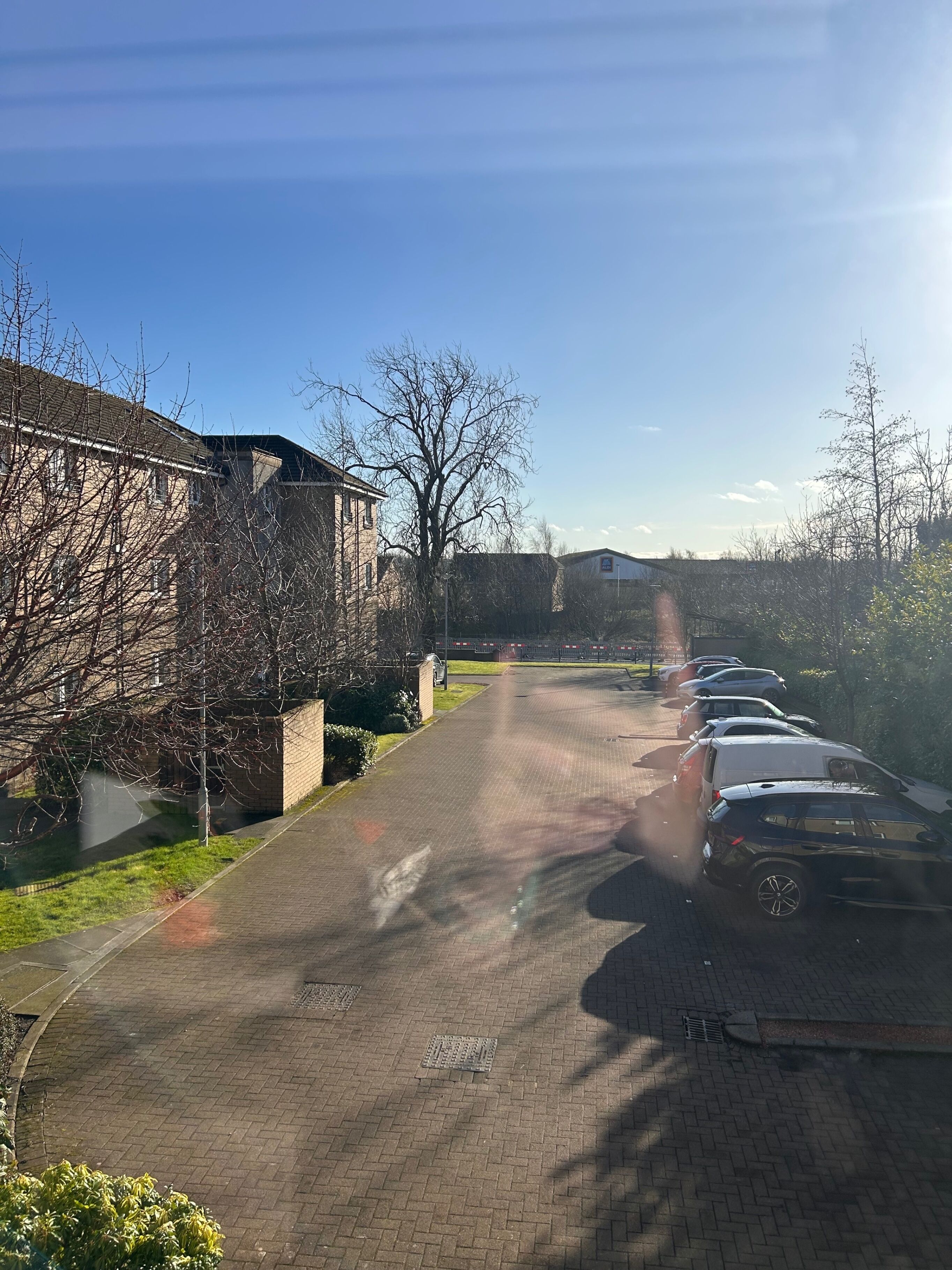A paved pathway leading to a building with parked cars on the right.