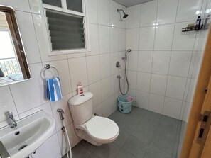 Regadera, jabón, shampoo, papel de baño 