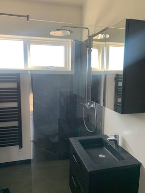 Shower, hair dryer, towels