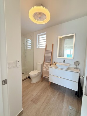 Hair dryer, towels, soap, toilet paper