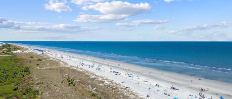 On the beach, sun loungers