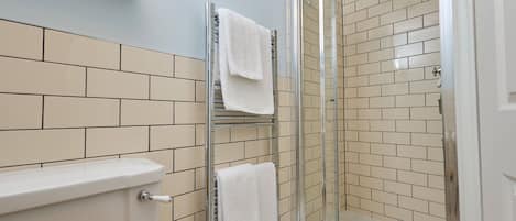 A bathroom with a toilet, a glass shower enclosure, and a towel rack.