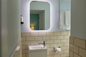 A bathroom with a sink, mirror, and towel rack. - The Dolphin (Beer)