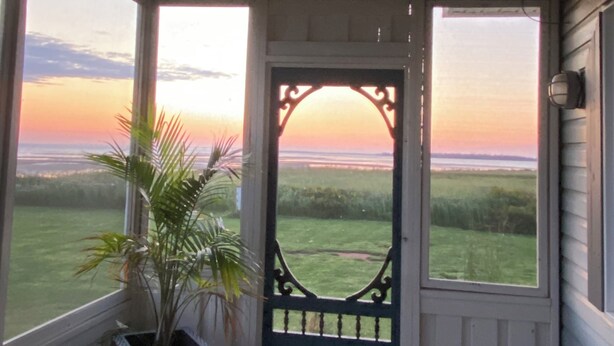 A porch with a view of a sunset over a field, a potted plant, and a decorative door.