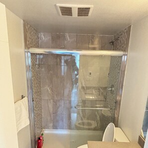 Hair dryer, towels, soap, toilet paper