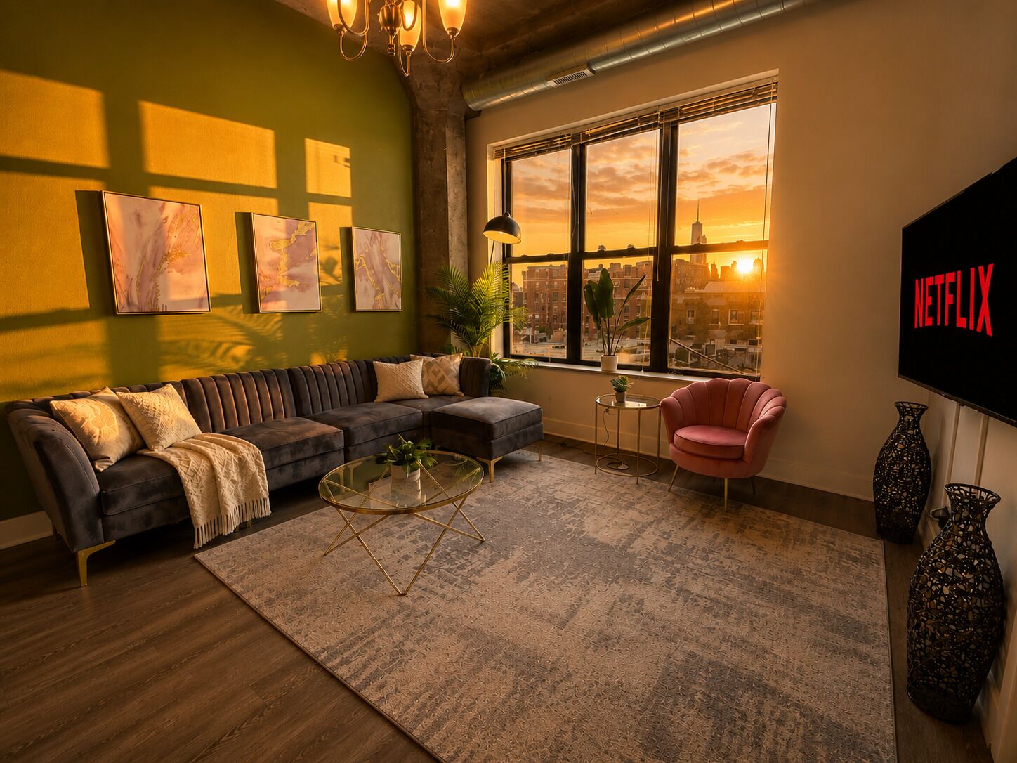 A modern living room with a sectional sofa, a glass coffee table, and a large window with a view of a cityscape at sunset.