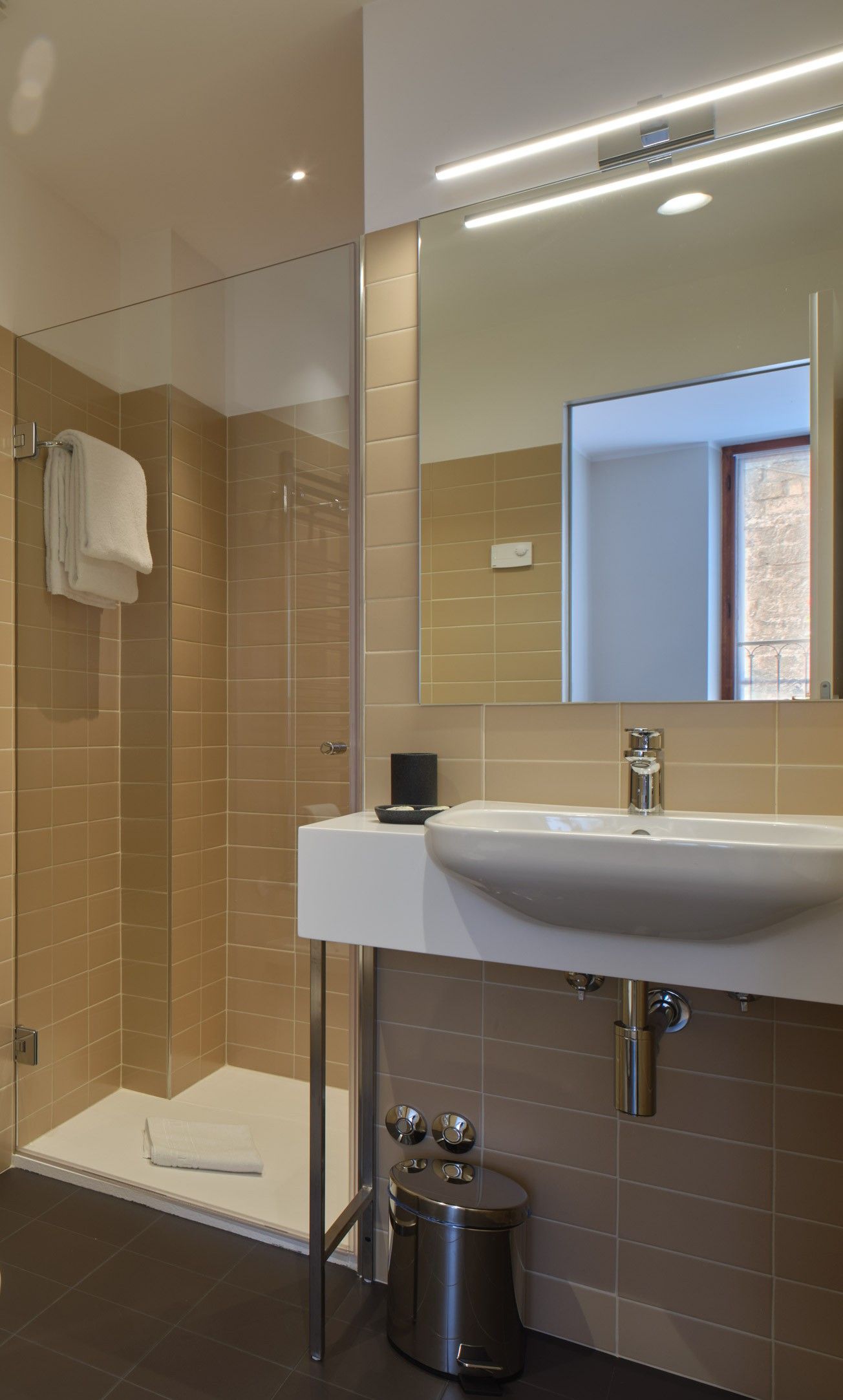 A modern bathroom with a glass shower enclosure, a white sink, and a mirror above it.