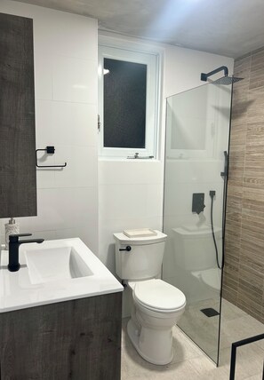 Shower, hair dryer, towels, soap