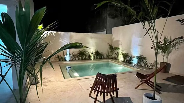 Un espace extérieur avec une piscine, une chaise et des plantes en pot.