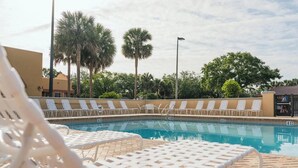 Zona de piscina con sillones blancos y palmeras.