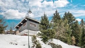 A modern chalet with a sloped roof, wooden windows, and a stone foundation, surrounded by snow and trees. - La Perchette - Joli chalet classé 3* (Chamrousse)