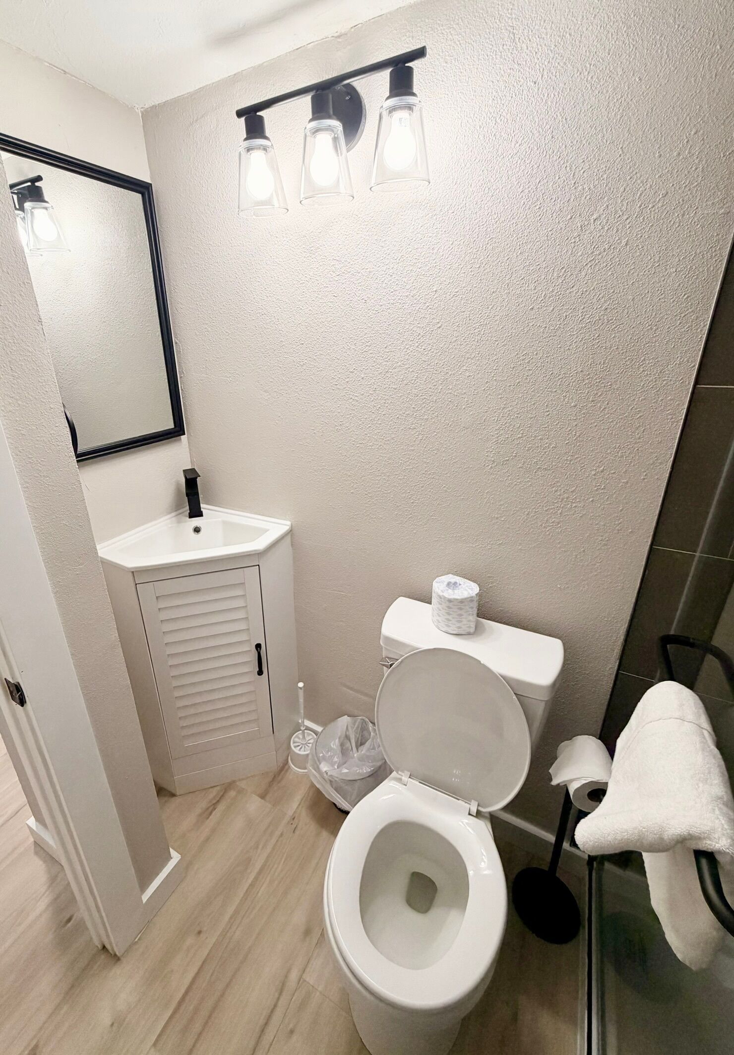 A bathroom with a toilet, sink, mirror, and a light fixture above the mirror.