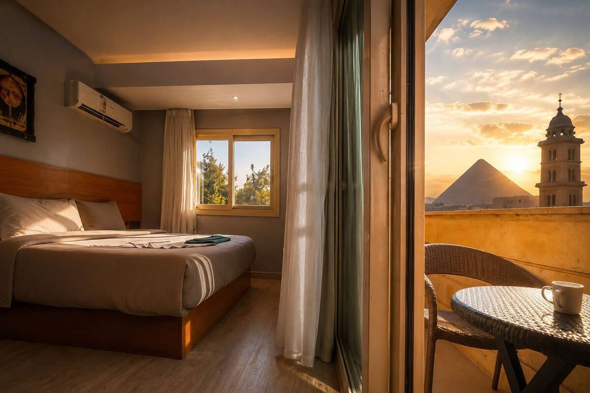 A hotel room with a bed, a window with curtains, an air conditioning unit, and a balcony with a view of a tower and pyramid.