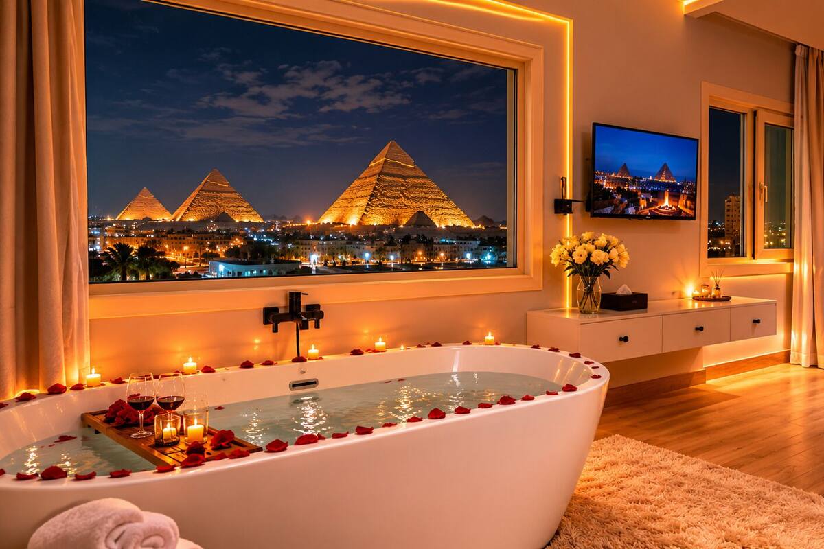 A luxurious bathroom with a large bathtub, a view of the pyramids, a TV, and a minibar.