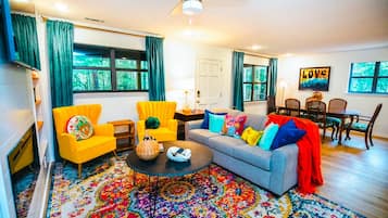 Smart TV, fireplace, books