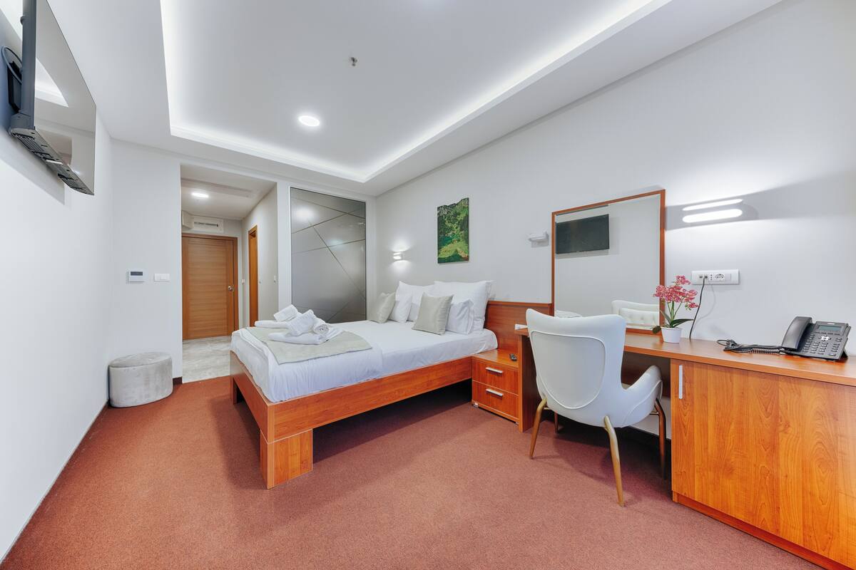 A modern hotel room with a wooden bed, a desk with a chair, a small potted plant, and a flat-screen TV mounted on the wall.