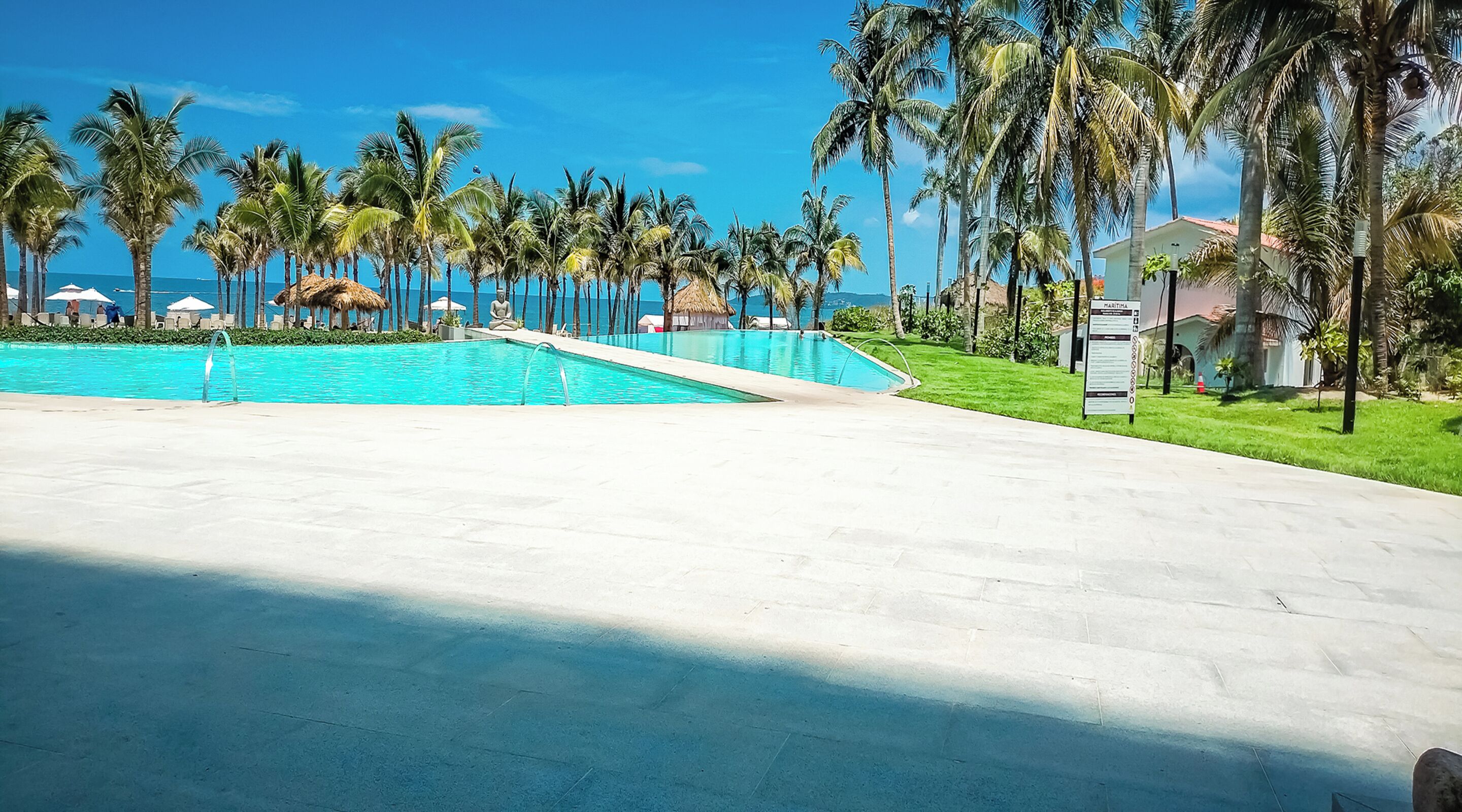 A large outdoor swimming pool with clear blue water, surrounded by palm trees and a grassy area.